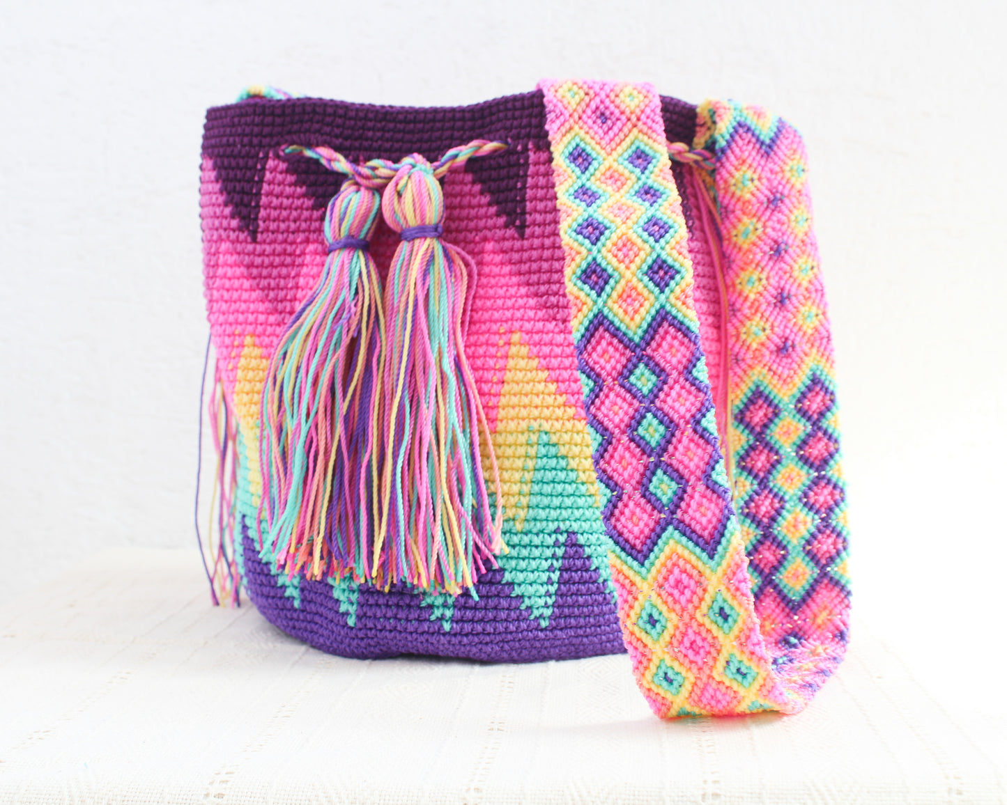 Bolso Morral Zig Zag Rosa Lila Amarillo