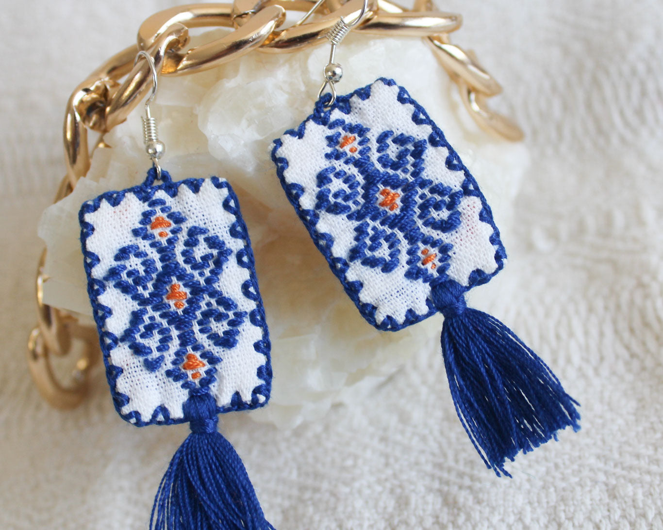 Aretes Rectángulos Bordado Azul R