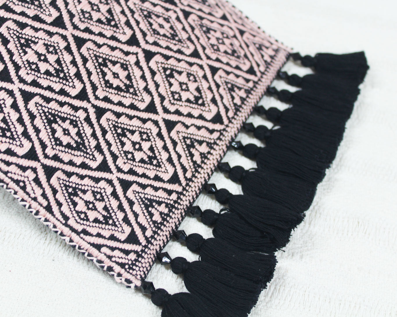 Bolso Telar Pompones Estrellas Crema Negro