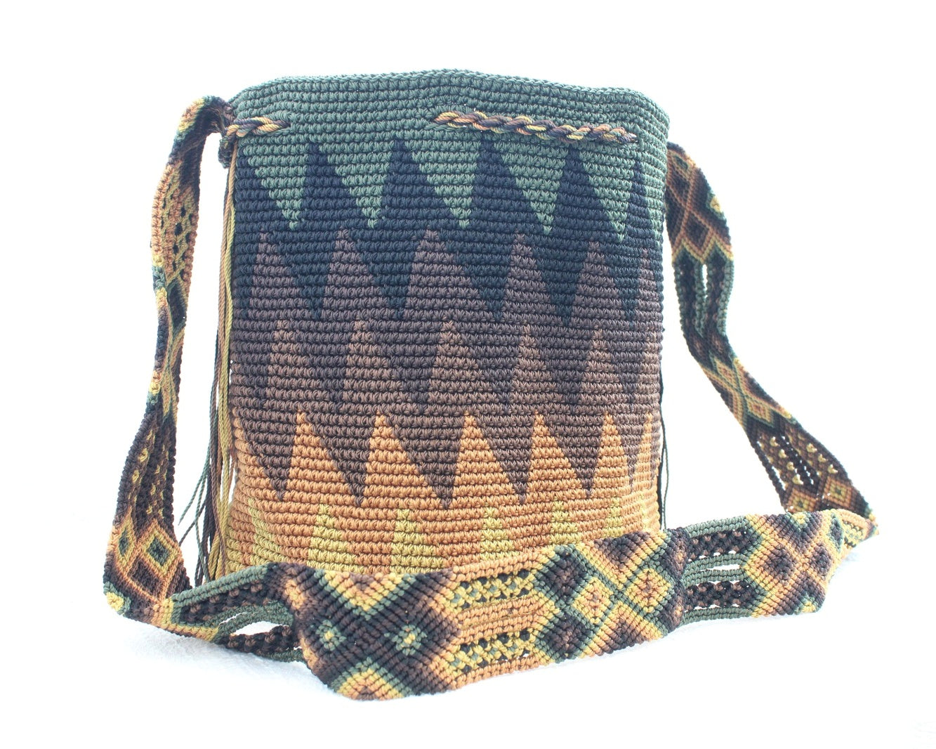 Bolso Morral Zig Zag Verde Café Mostaza
