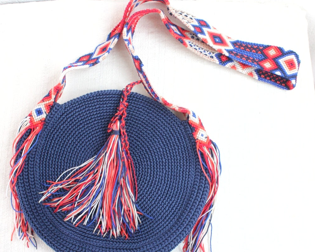 Bolso Redondo Azul Marino Rojo