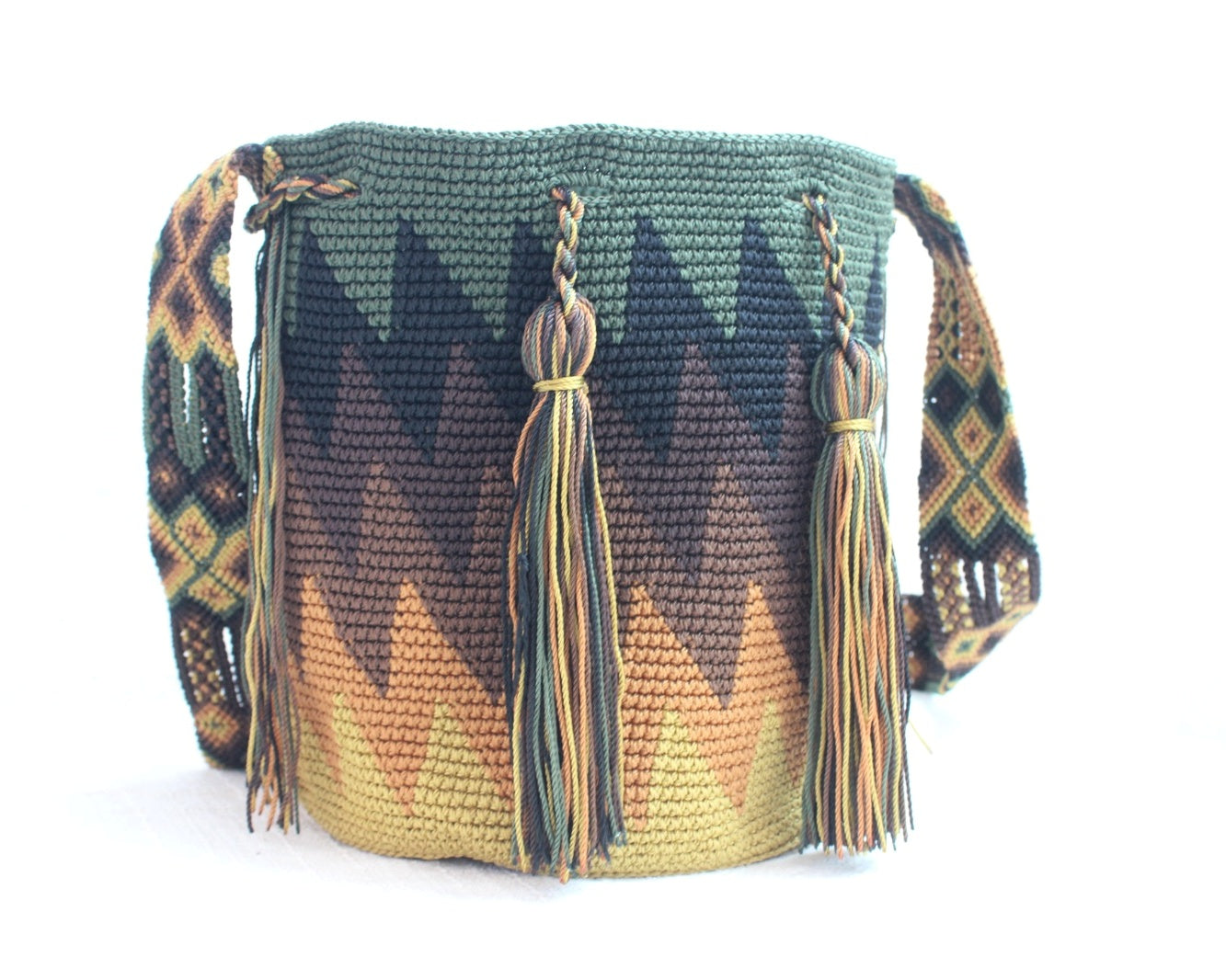 Bolso Morral Zig Zag Verde Café Mostaza
