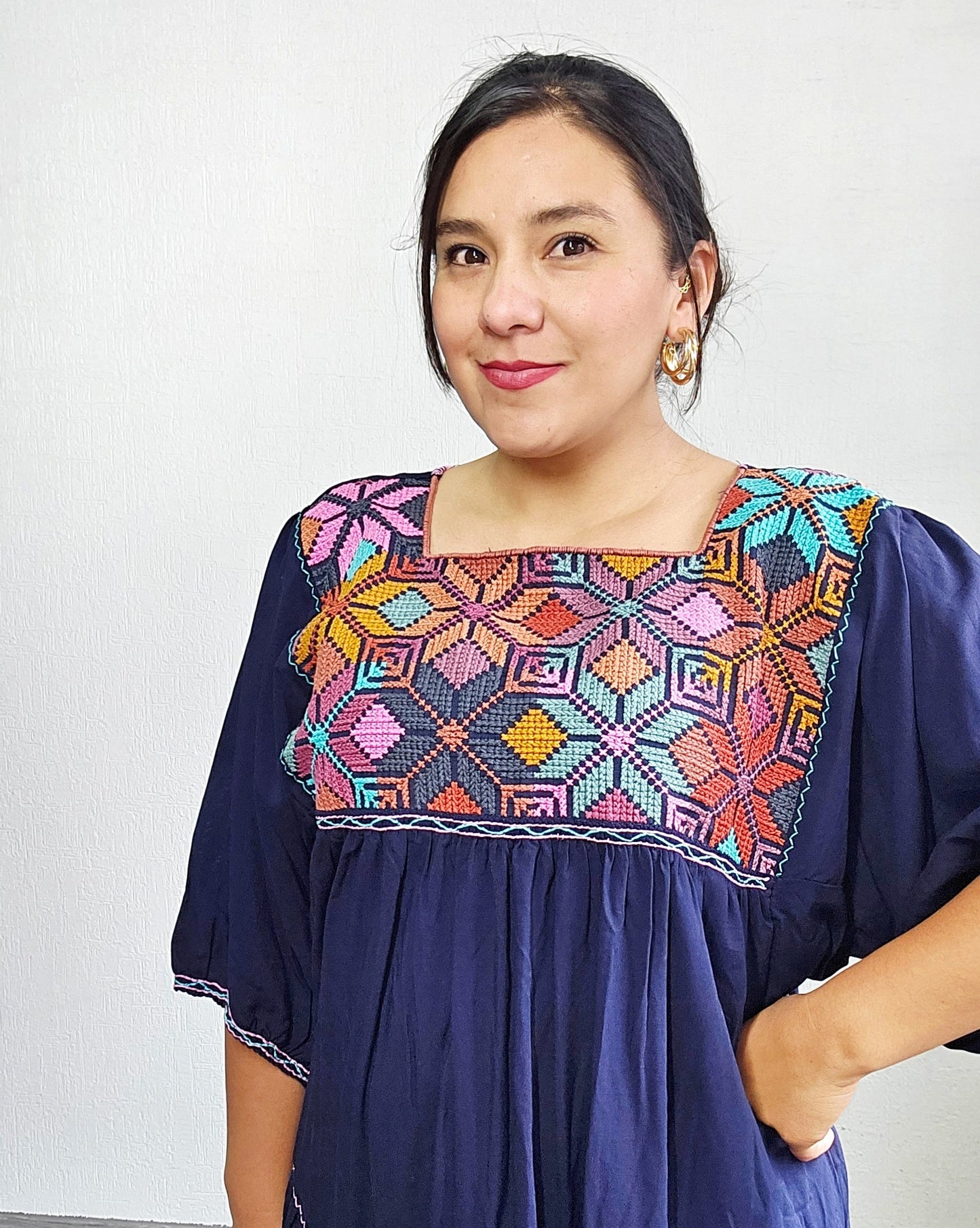 Vestido Maria Flores Azul Marino L / XL Manga 3/4