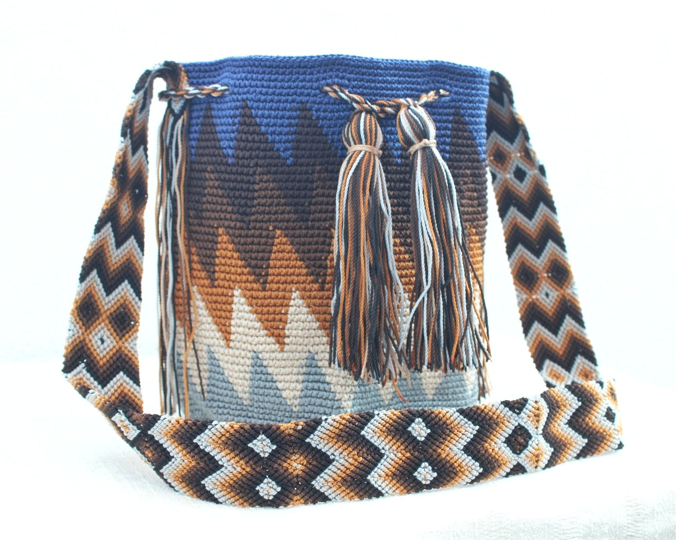 Bolso Morral Zig Zag Azul Marrón Gris