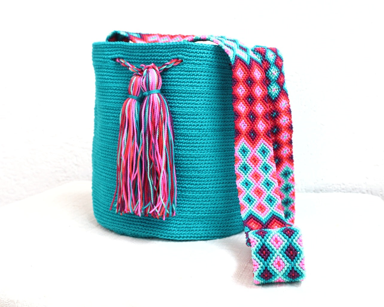 Bolso Morral Turquesa Rojo Rosa