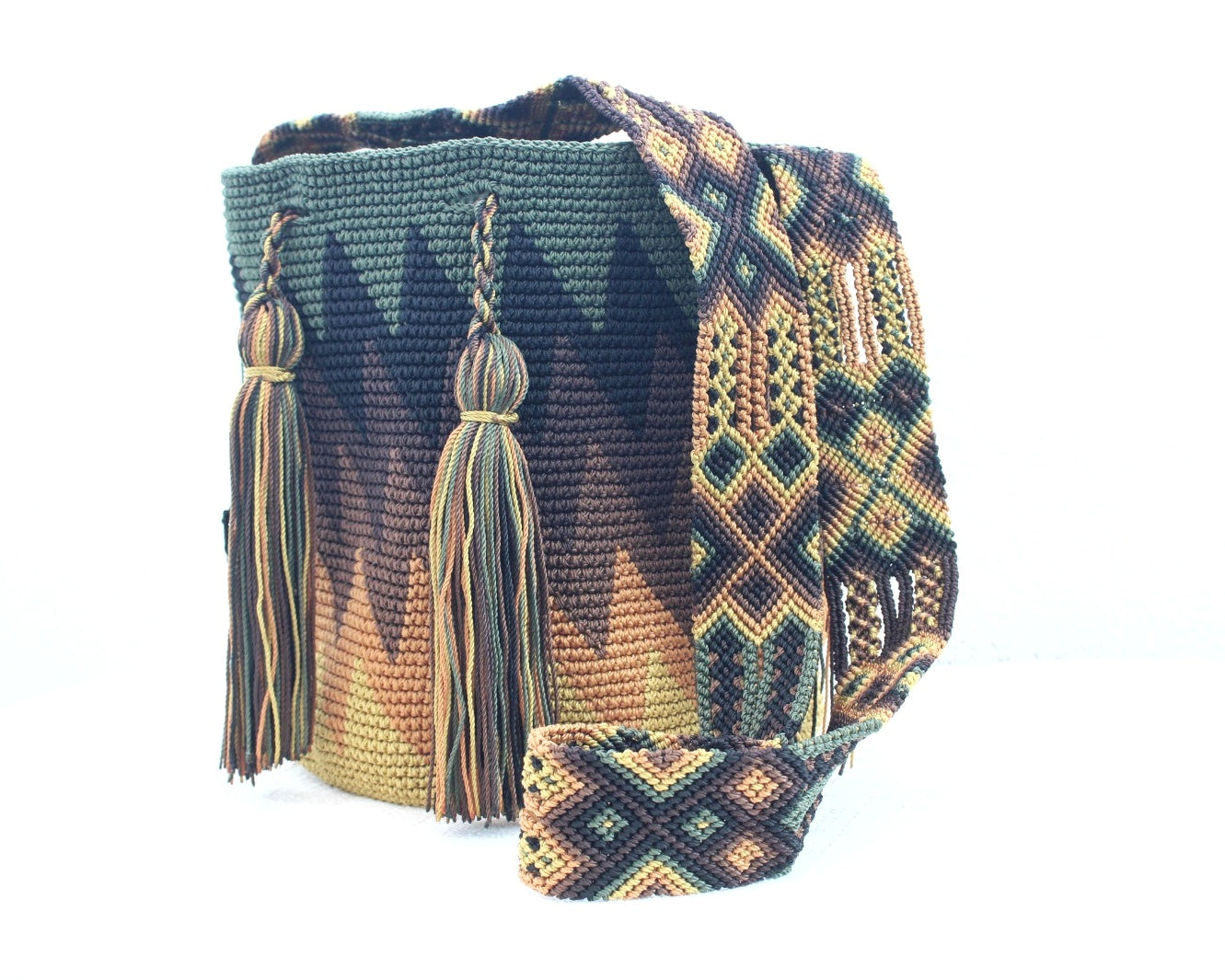 Bolso Morral Zig Zag Verde Café Mostaza