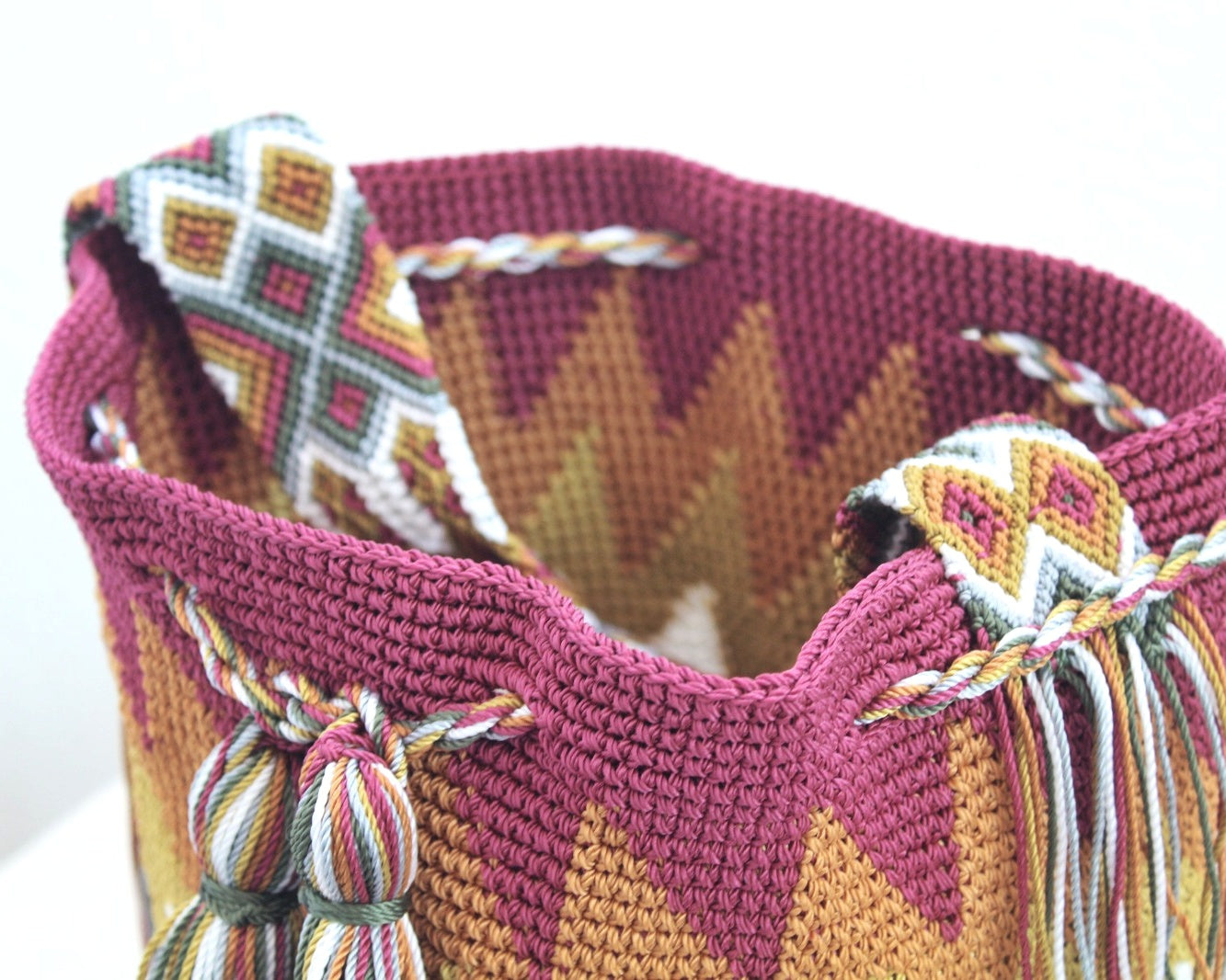 Bolso Morral Zig Zag Vino Mostaza Blanco