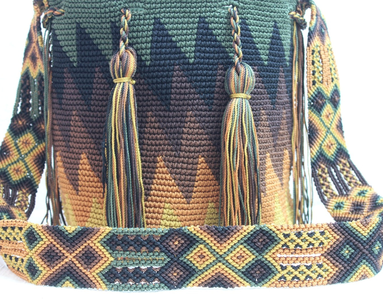 Bolso Morral Zig Zag Verde Café Mostaza