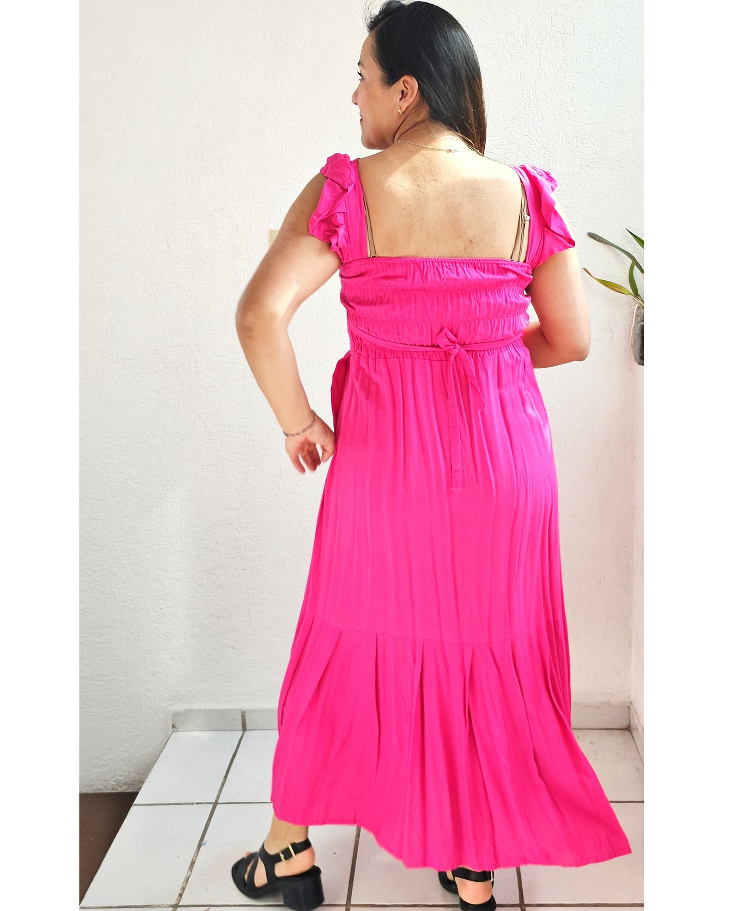 Vestido Anita Largo Rosa Gris