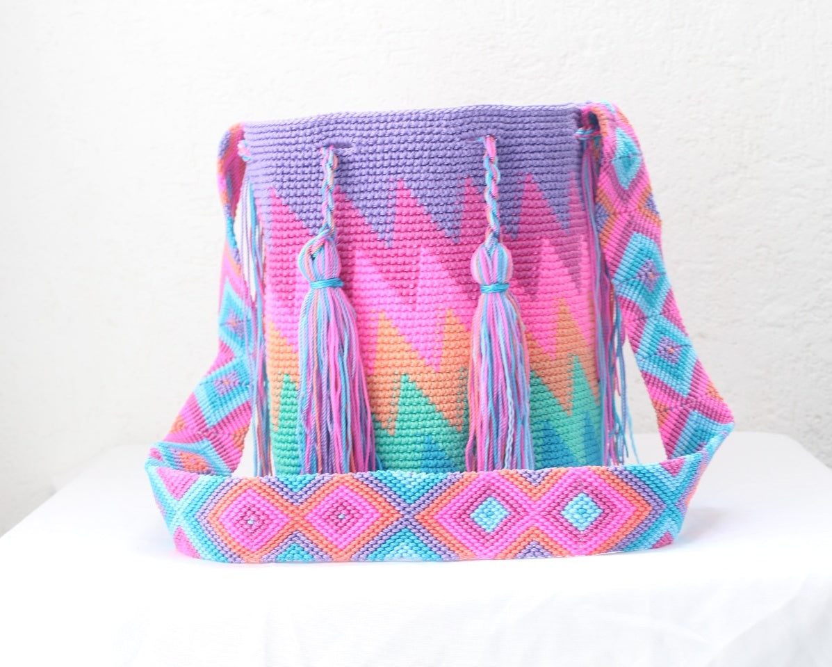 Bolso Morral Zig Zag Lila Rosa Turquesa