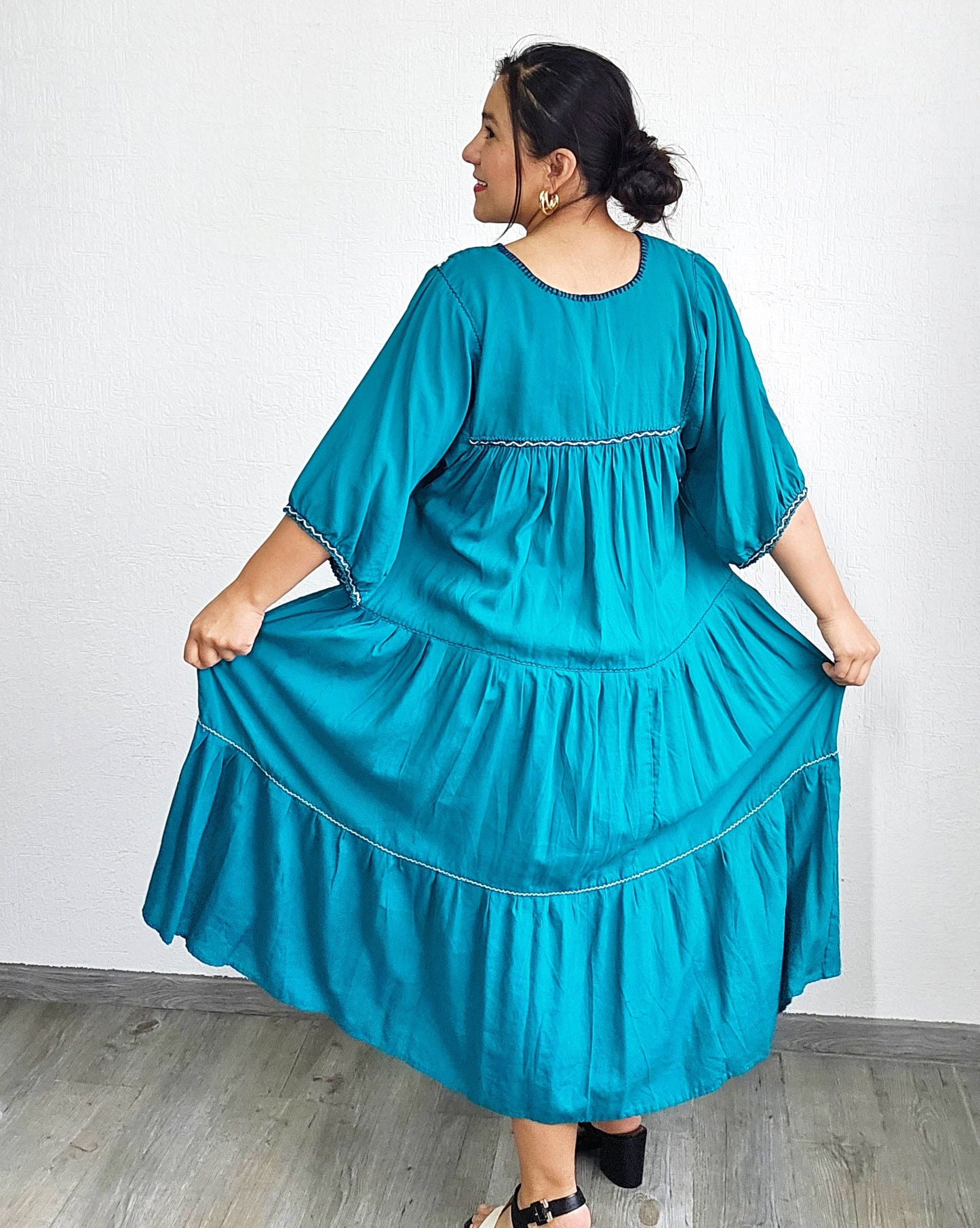 Vestido Maria Flores Azul Turquesa L / XL Manga 3/4