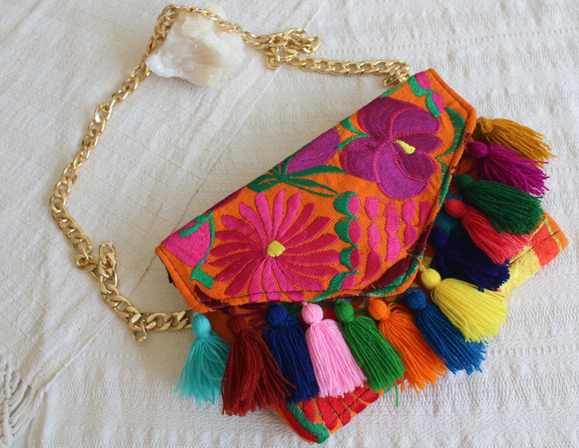 Clutch Bordado Naranja Rosa Morado