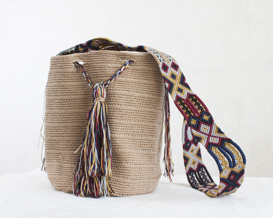 Bolso Morral Beige cinta de colores