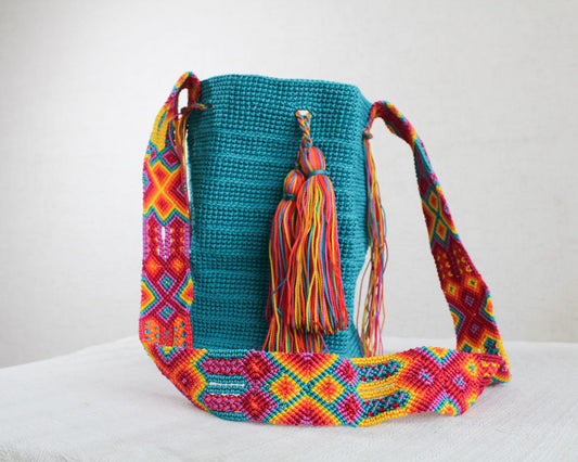 Bolso Morral Turquesa y cinta de colores