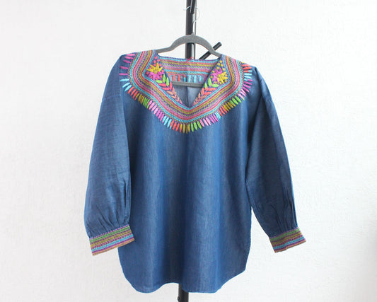 Blusa Flores Bordadas XL Imelda Mezclilla Colores