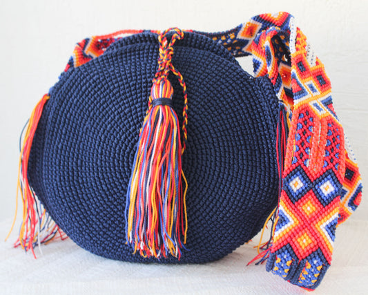 Bolso Redondo Azul Marino Rojo