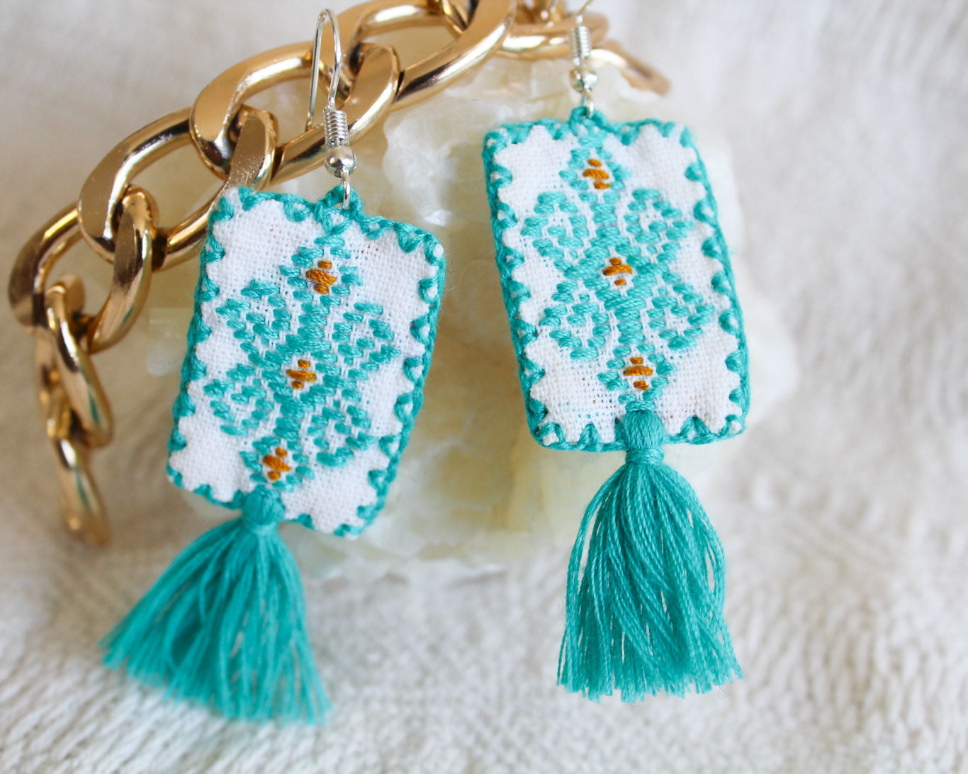 Aretes Rectángulos Bordado Turquesa Amarillo