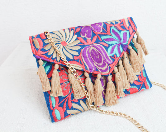 Clutch Bordado Azul Dorado Rosa Beige