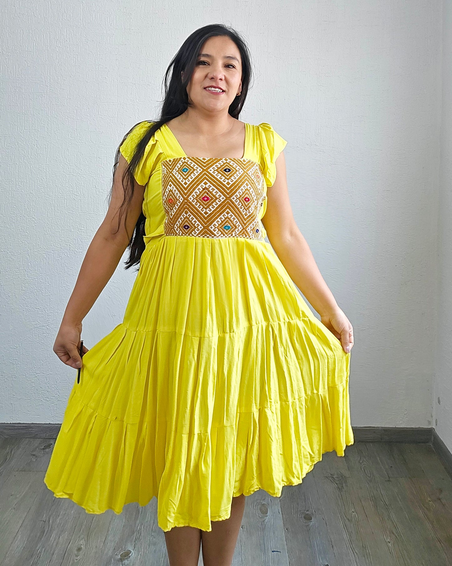 Vestido Anita Corto Amarillo Blanco