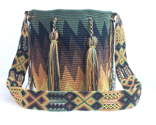 Bolso Morral Zig Zag Verde Café Mostaza