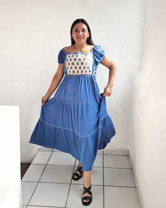 Vestido Gloria Azul Blanco Amarillo S- M -L