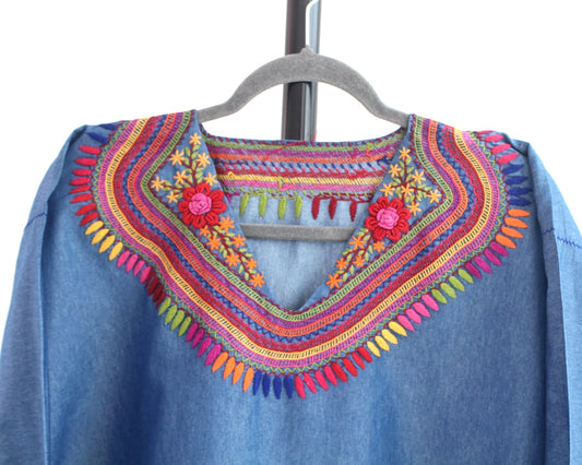 Blusa Imelda Mezclilla Flores Rojas Unitalla