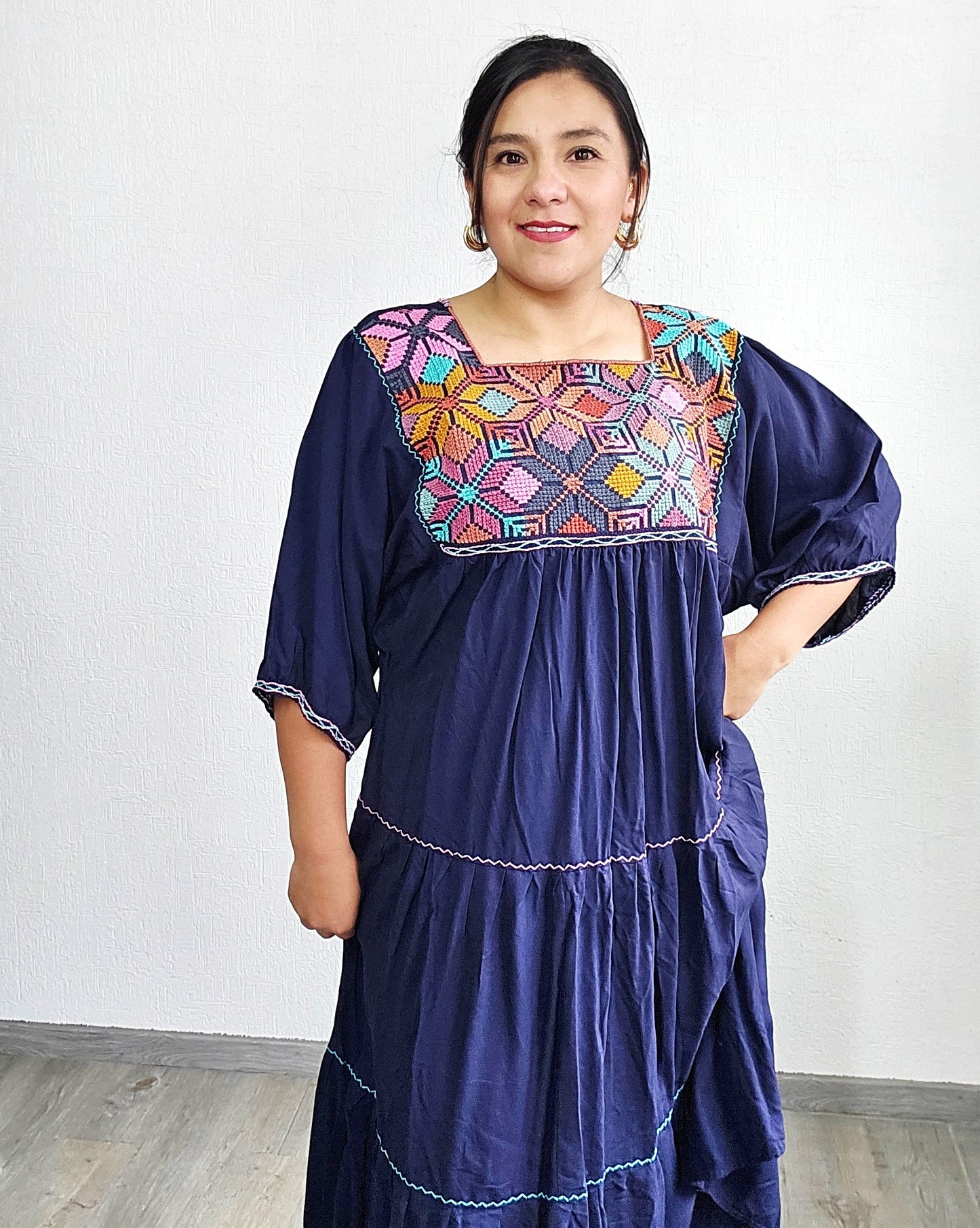 Vestido Maria Flores Azul Marino L / XL Manga 3/4