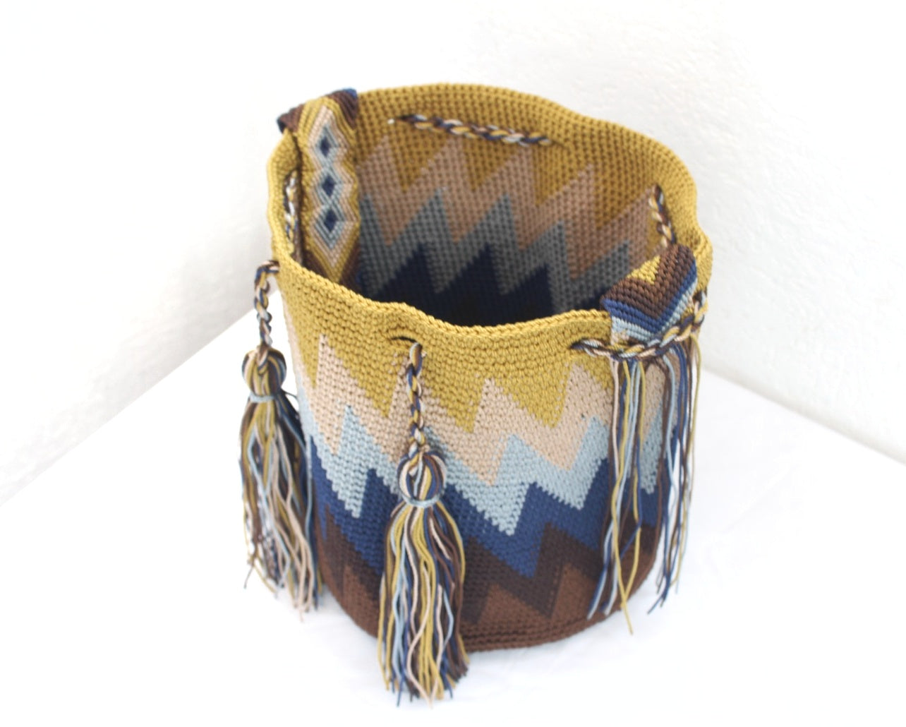 Bolso Morral Zig Zag Mostaza Azul Café