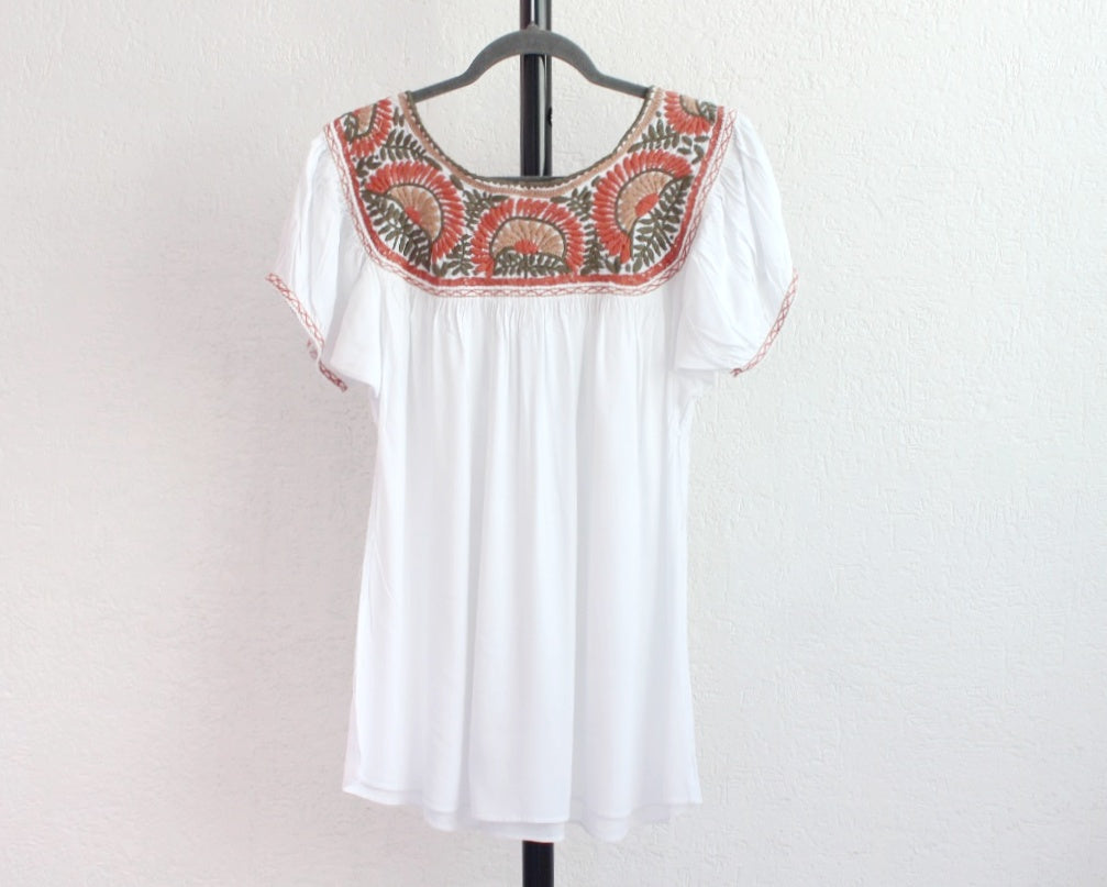 Blusa Aguacatenango Blanco Naranja Verde Olivo