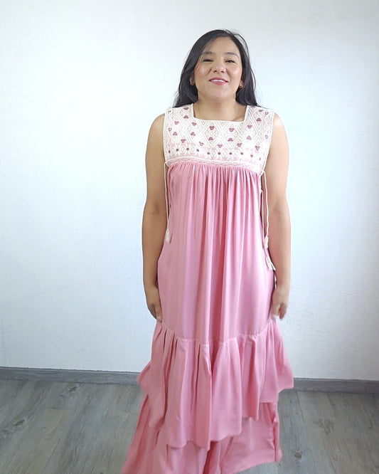 Vestido Teresa Rosa Blanco Telar Unitalla