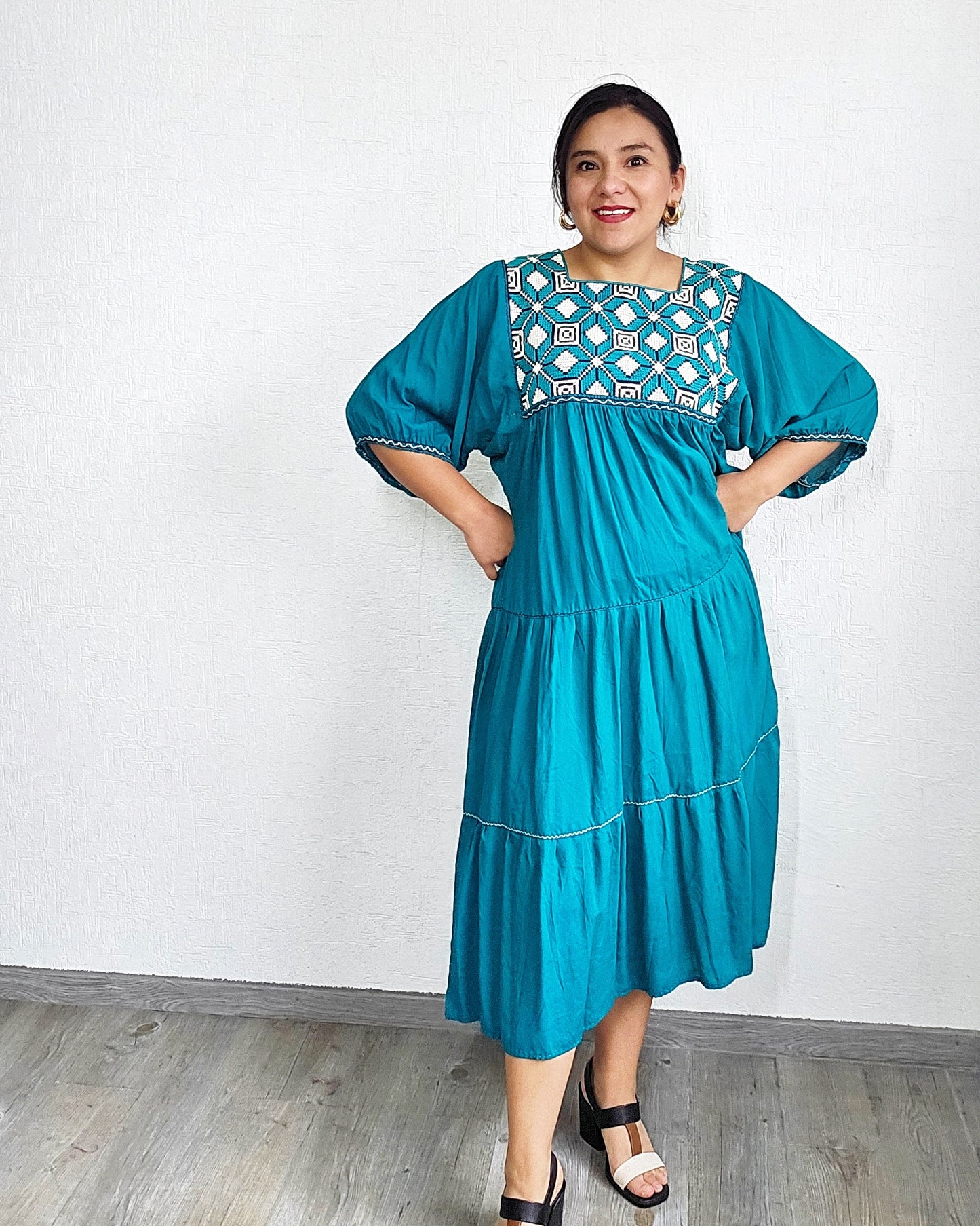 Vestido Maria Flores Azul Turquesa L / XL Manga 3/4
