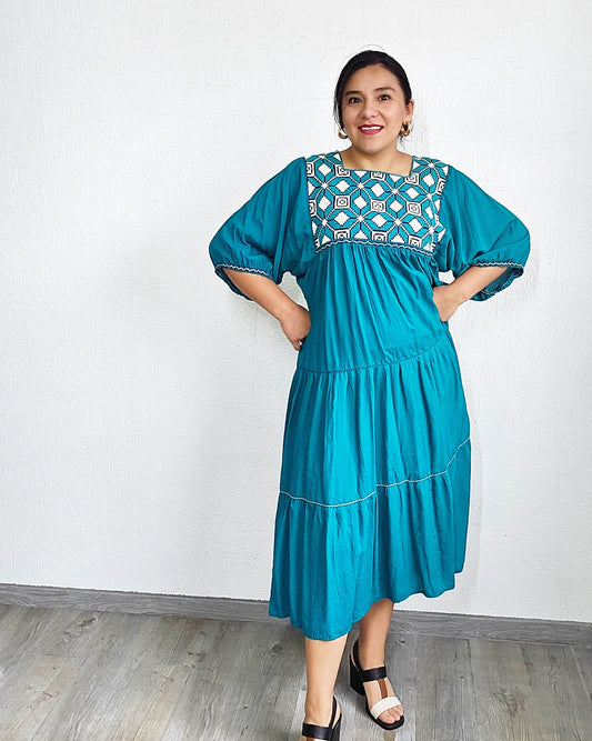 Vestido Maria Flores Azul Turquesa L / XL Manga 3/4