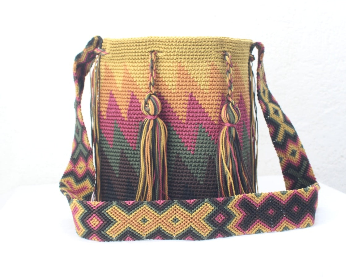 Bolso Morral Zig Zag Mostaza Vino Café