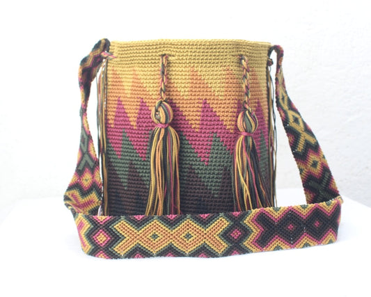 Bolso Morral Zig Zag Mostaza Vino Café