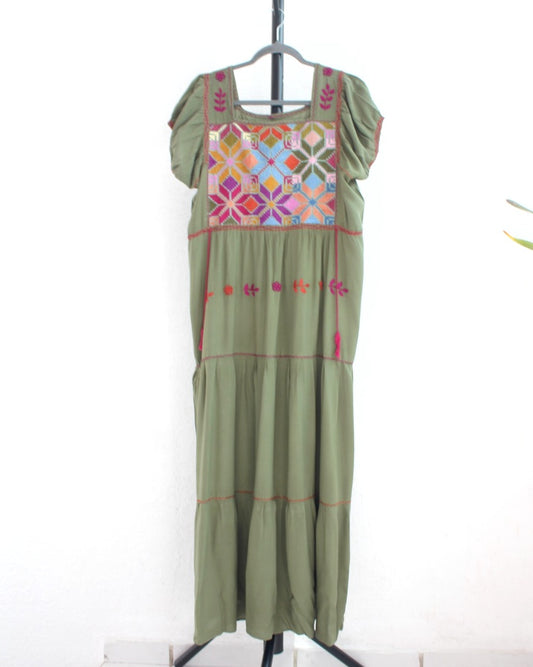Vestido Maribel Flores Verde Olivo L / XL