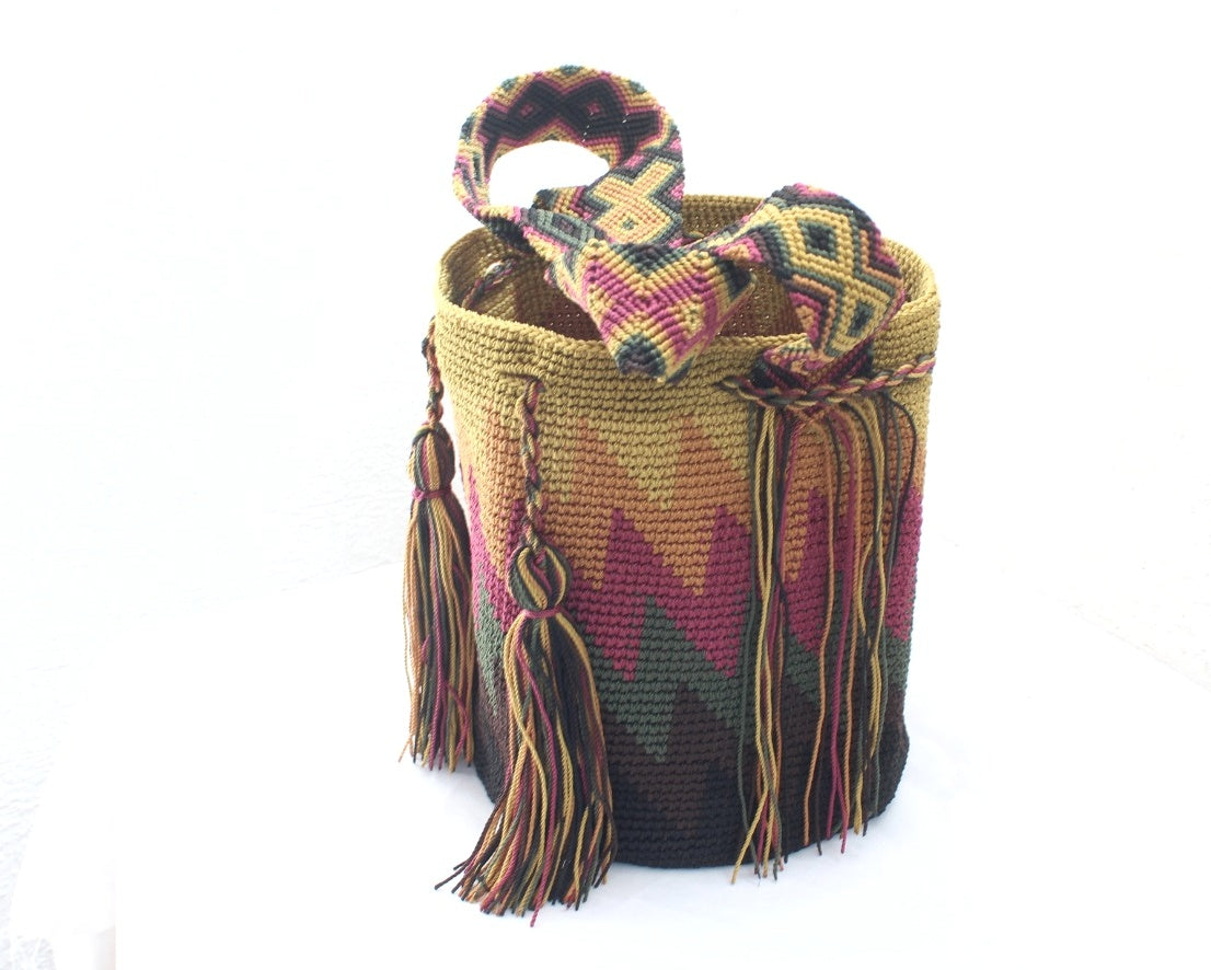 Bolso Morral Zig Zag Mostaza Vino Café