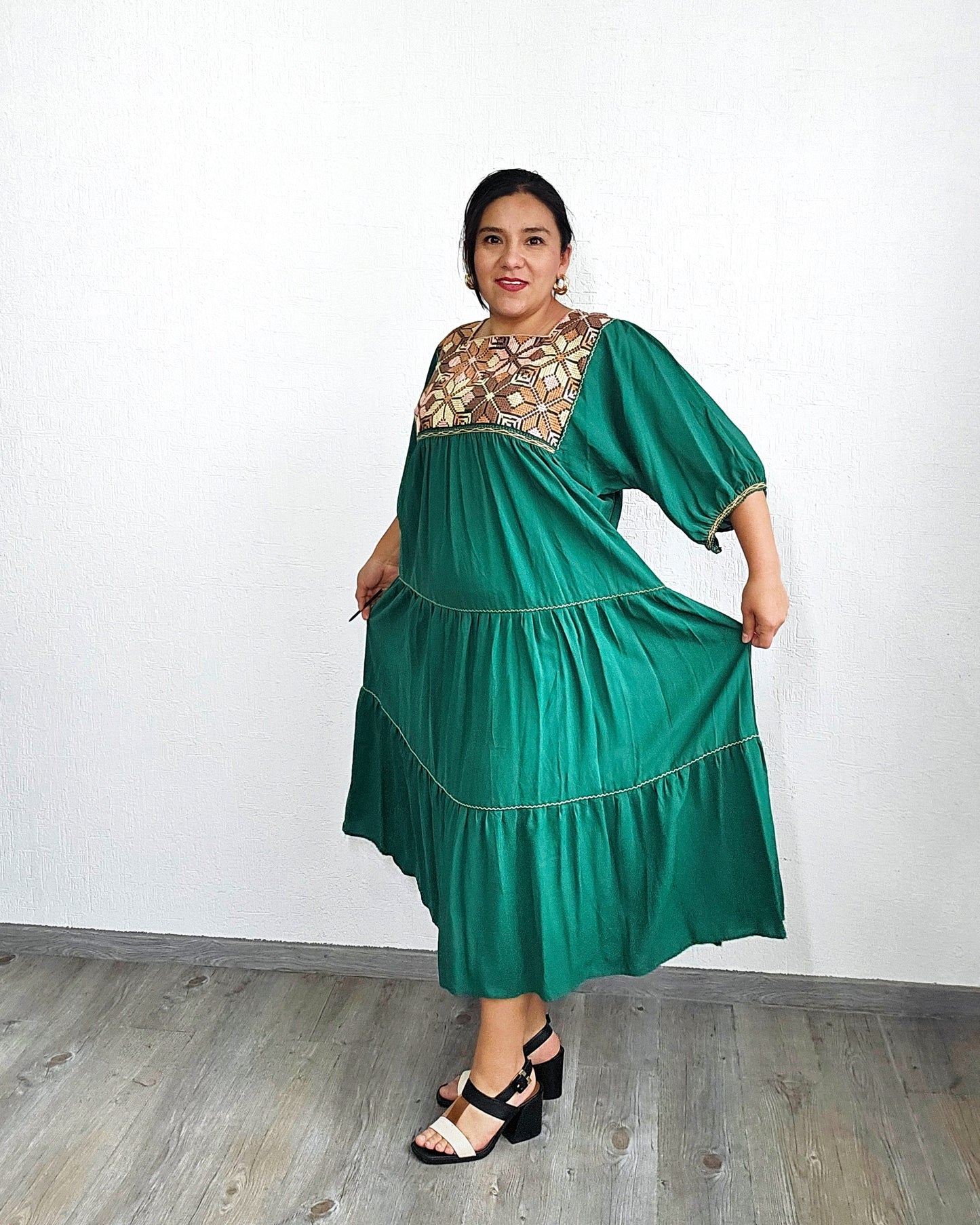 Vestido Maria Flores Verde  Café L / XL Manga 3/4