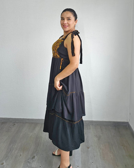 Vestido Fatima Telar Negro Amarillo XL -XXL