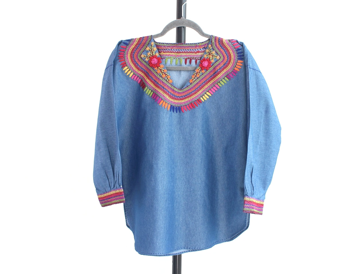 Blusa Imelda Mezclilla Flores Rojas Unitalla