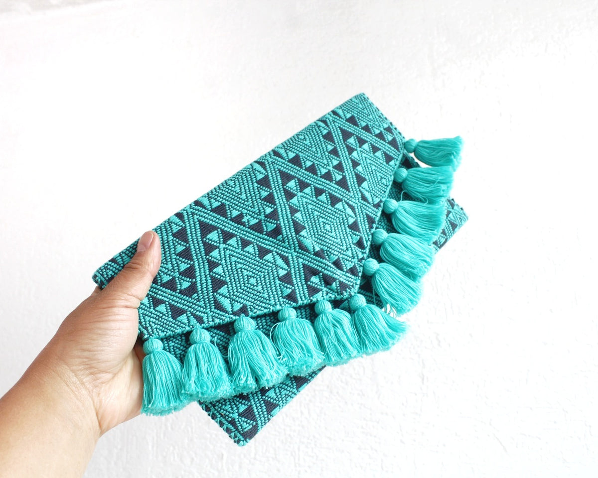 Clutch Artesanal Estrellas Diamante Turquesa Gris