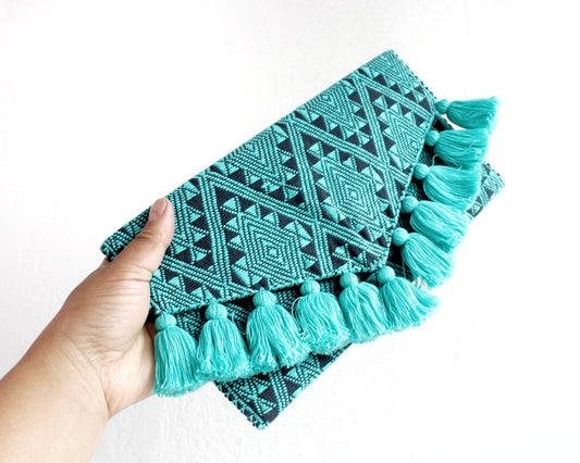 Clutch Artesanal Estrellas Diamante Turquesa Gris