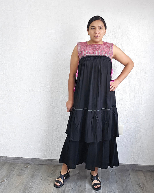 Vestido Teresa Negro Rosa Telar Unitalla
