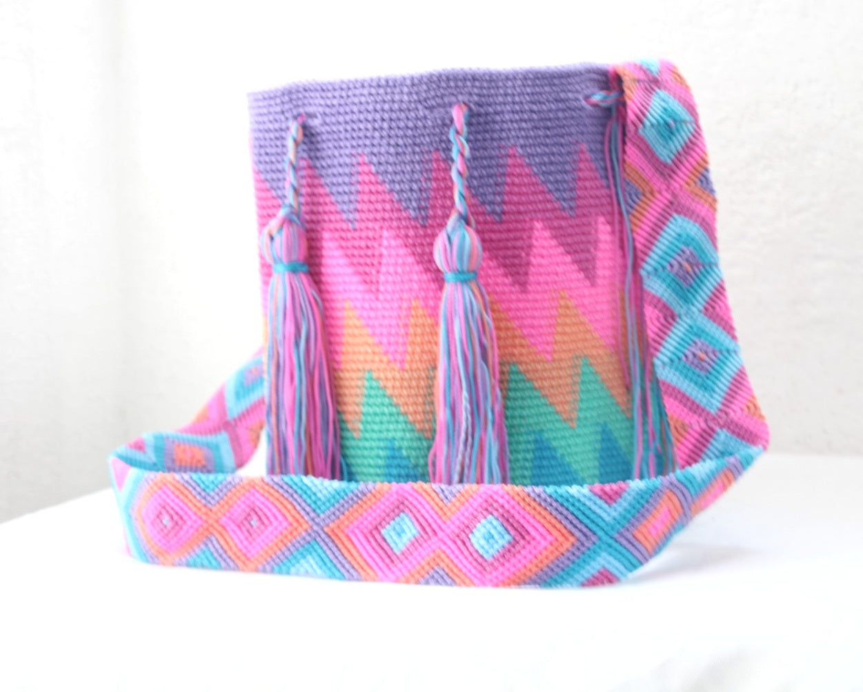 Bolso Morral Zig Zag Lila Rosa Turquesa