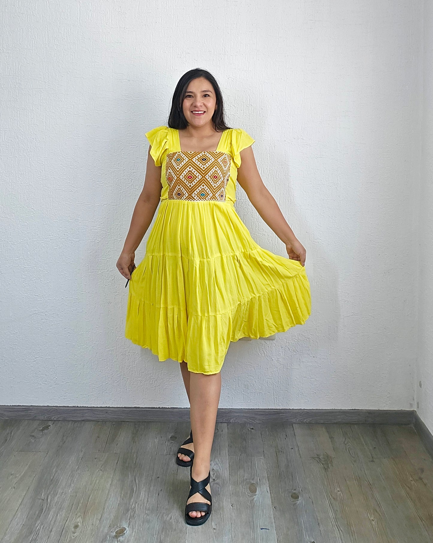 Vestido Anita Corto Amarillo Blanco