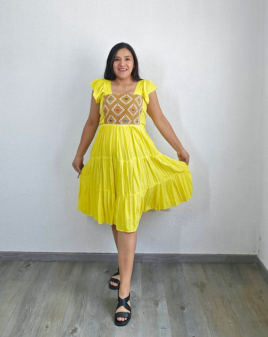 Vestido Anita Corto Amarillo Blanco