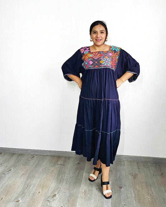 Vestido Maria Flores Azul Marino L / XL Manga 3/4
