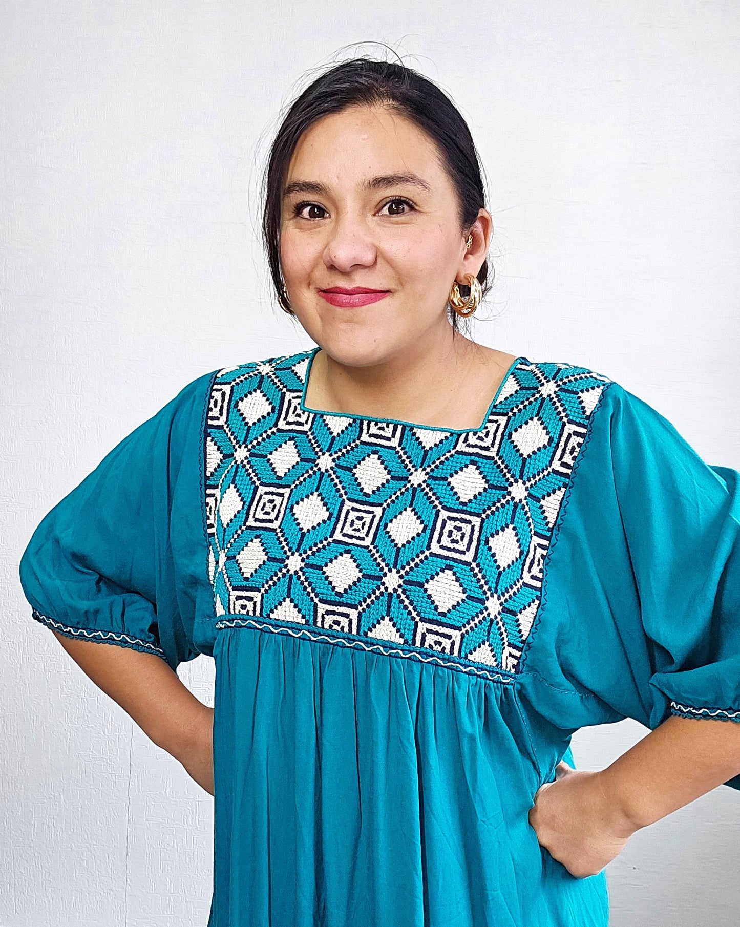 Vestido Maria Flores Azul Turquesa L / XL Manga 3/4
