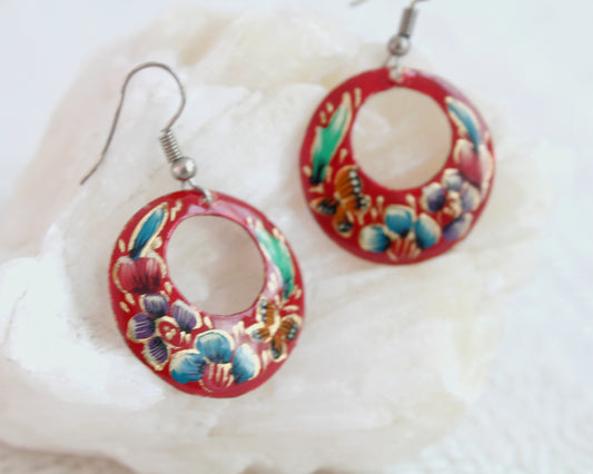 Aretes Cobre Flores Rojo
