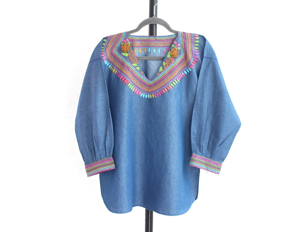 Blusa Imelda Mezclilla Flor Amarilla Unitalla