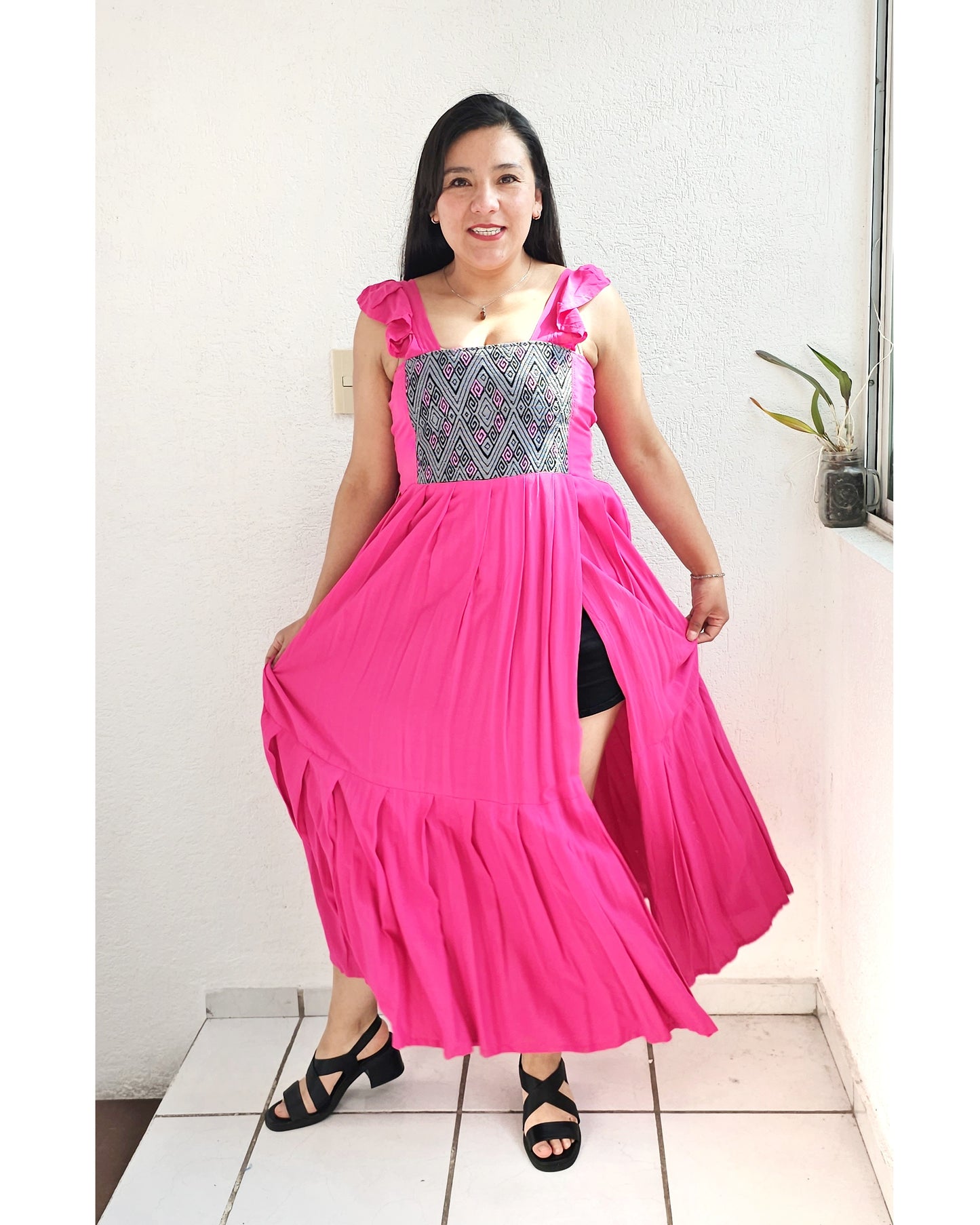Vestido Anita Largo Rosa Gris